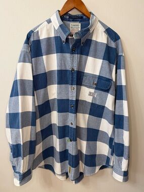 Tommy Hilfiger Plaid Button Down Shirt XL Blue White Cotton